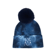 Hatphile Dog Mom Navy Tie Dye Faux Fur PomPom Beanie