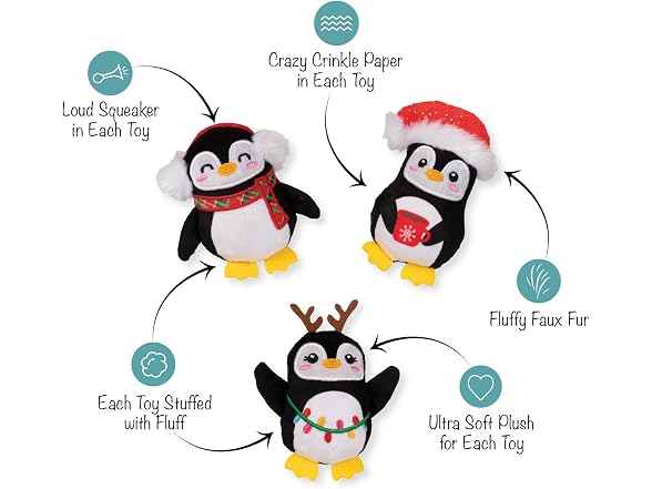 Pet Fringe Studio Holiday Penguin Waddle Squad Small Plush Dog Toys 3 pk