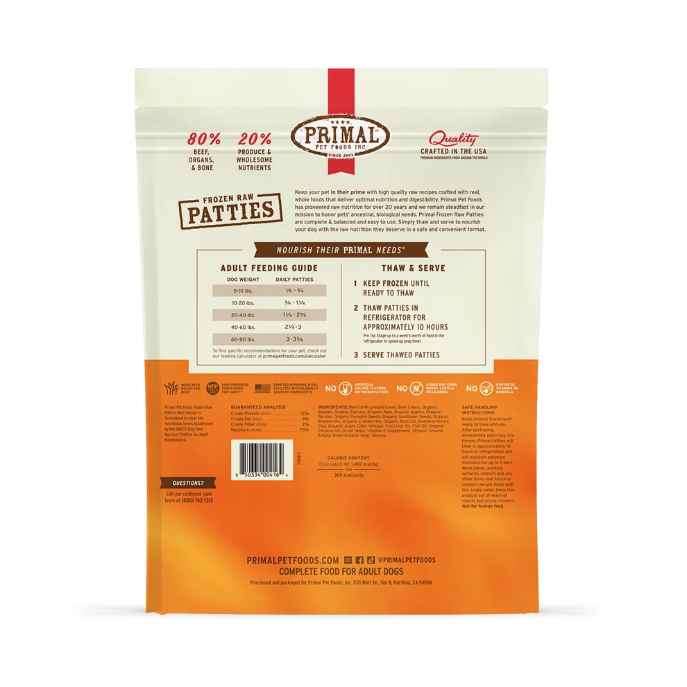 Primal Raw Frozen Patties Beef Formula Dog Food 6 lb
