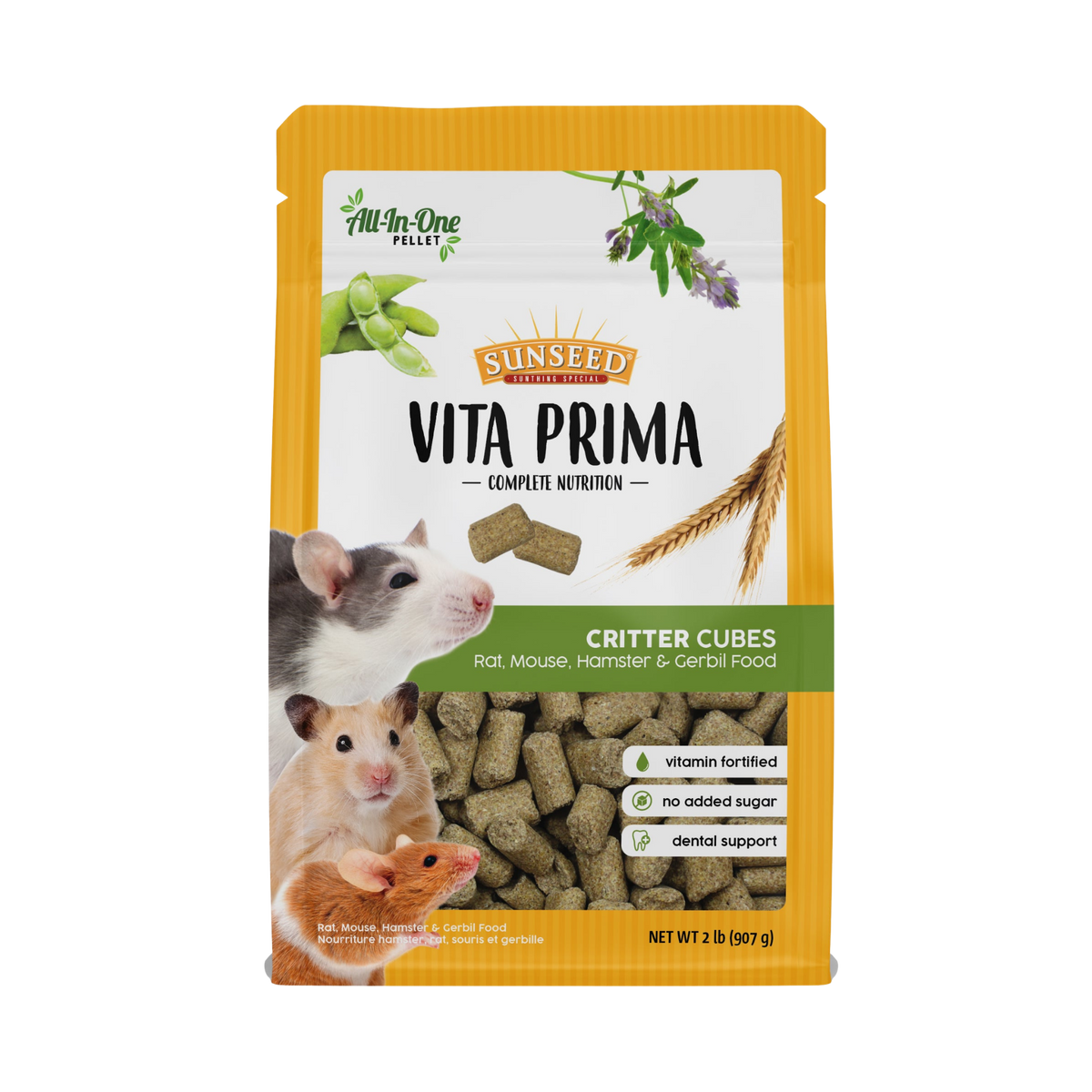 Sunseed Vita Prima Critter Cubes- Rat, Mouse, Hamster & Gerbil Food- Complete Nutrition Plus Dental Support 2 lb