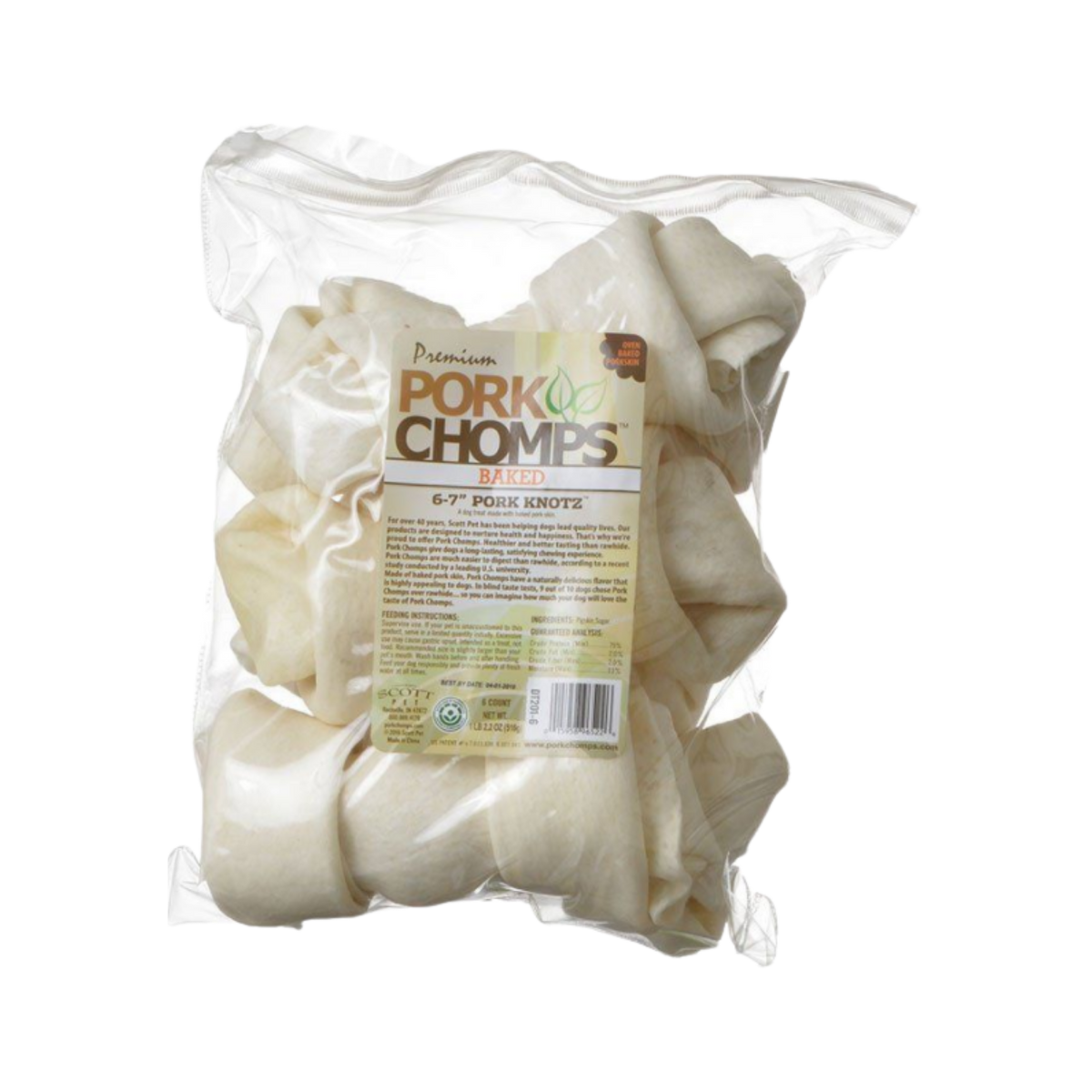 Scott Pet Pork Chomps 6-7 in Natural Pork Skin Knotz Dog Bones 6 ct