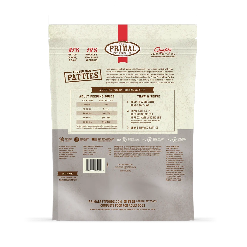 Primal Raw Frozen Patties Vension Formula Dog Food 6 lb