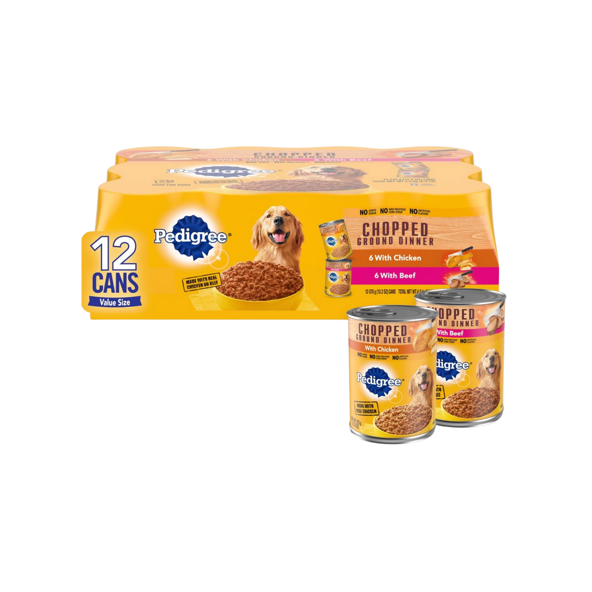Pedigree Chopped Ground Dinner Chicken with Beef Adult Canned Dog Food Variety Pack 13.2 oz/Case of 12