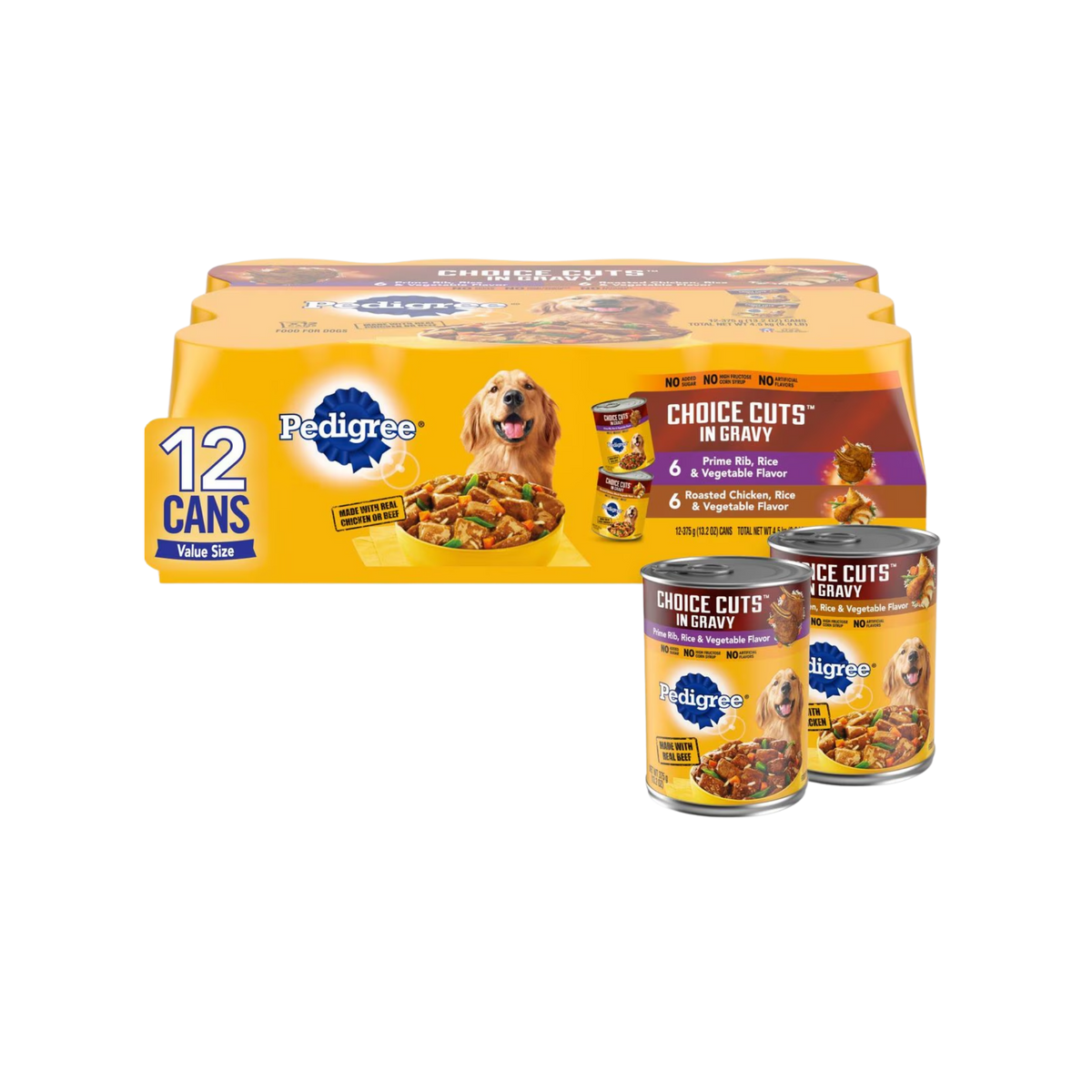 Pedigree Choice Cuts in Gravy Prime Rib, Rice & Vegetable Flavor & Roasted Chicken Adult Canned Dog Food Variety Pack 13.2 oz/Case of 12
