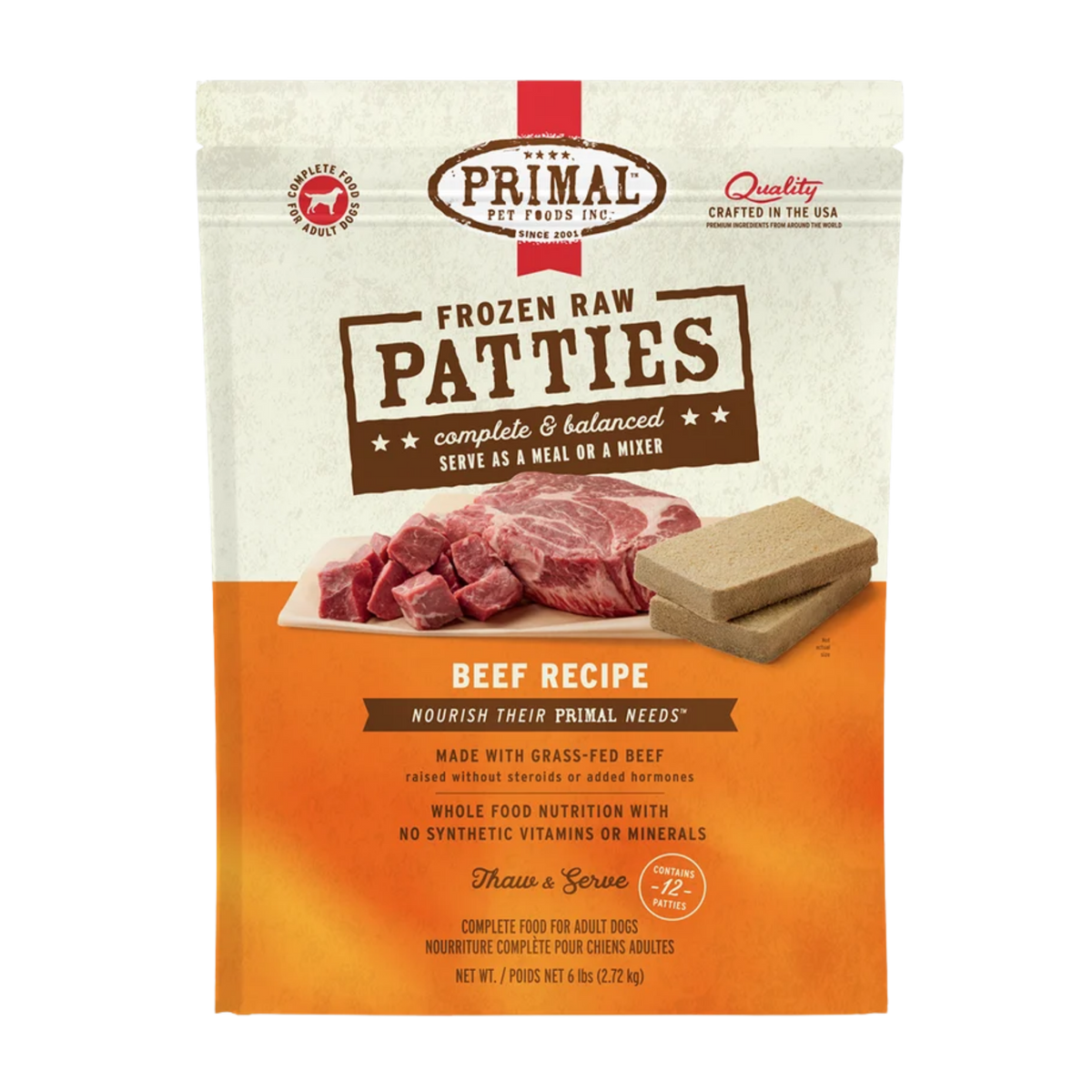 Primal Raw Frozen Patties Beef Formula Dog Food 6 lb