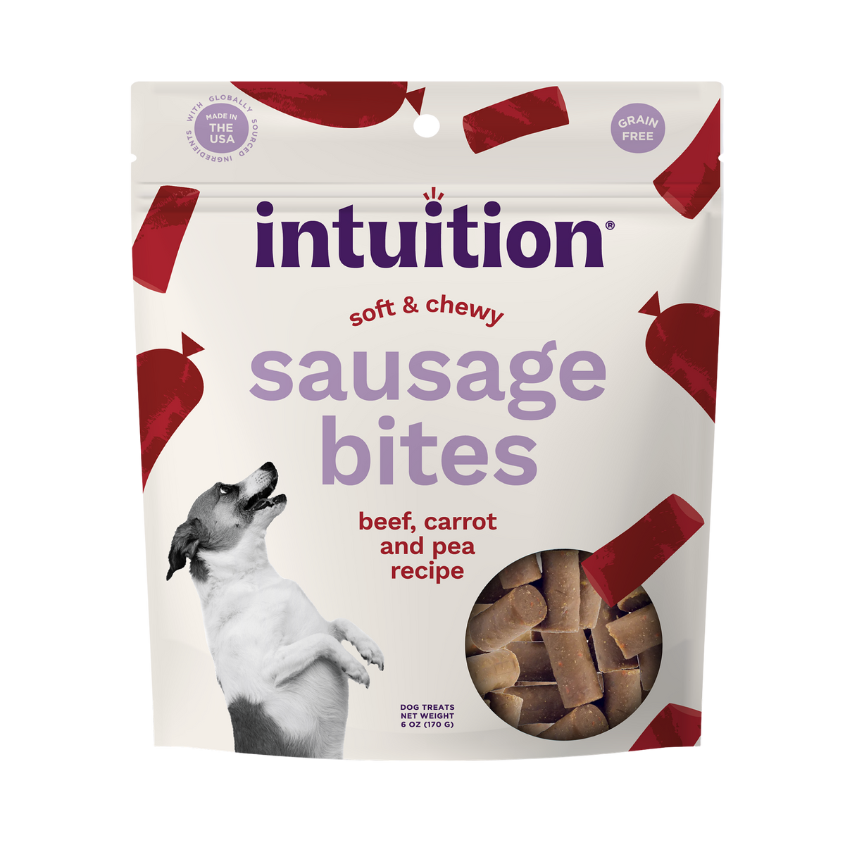 Intuition Beef, Carrot & Pea Recipe Grain-Free Soft & Chewy Sausage Bites Dog Treats 6 oz