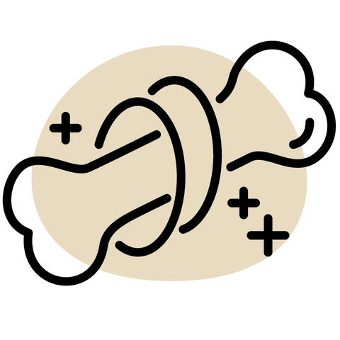 Icon of a muscle with bones and joints, labeled 'Strong muscles, bones & joints' on a beige background.