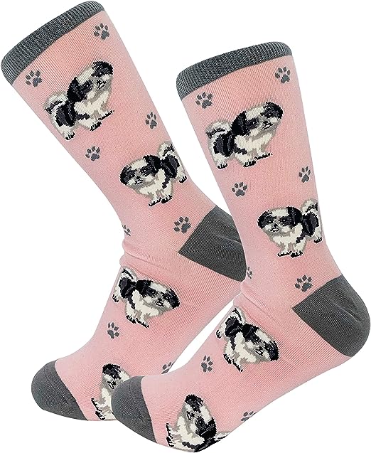 E & S Imports Pet Lover Socks Black & White Shi Tzu Dog, Unisex, One Size Fits Most