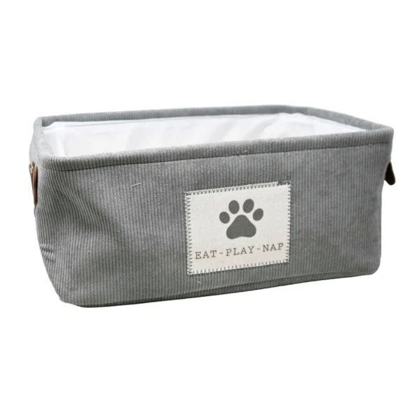 Kole Imports "EAT-PLAY-NAP" Grey Corduroy Rectangular Pet Storage Bin
