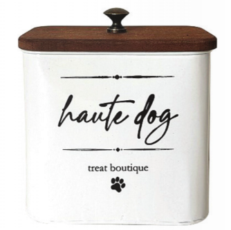 Crystal Art Gallery "Haute Dog" Treat Boutique Metal Storage Container with Wood Lid 6.75 x 4 x 7 in