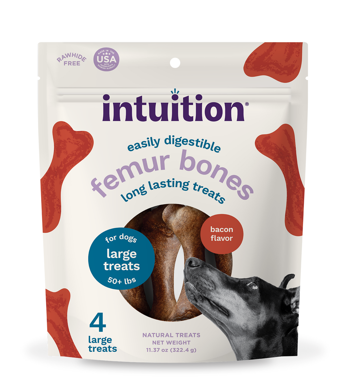 Intuition Femur Bones, Rawhide-Free, Long-Lasting Bacon Flavor Dog Chew Treats 4 ct