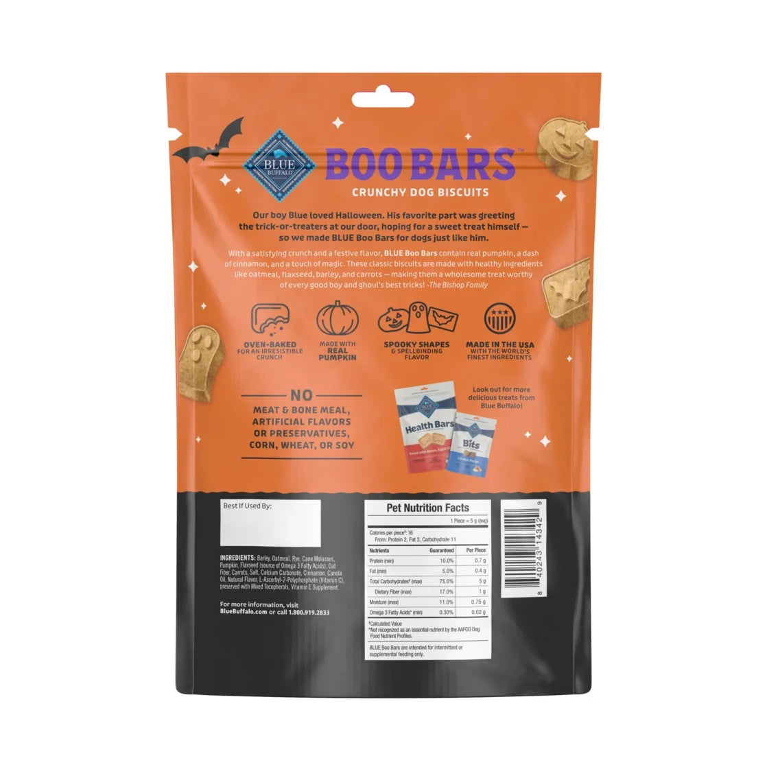 Blue Buffalo Halloween Boo Bars Pumpkin & Cinnamon Crunchy Dog Treats 11 oz