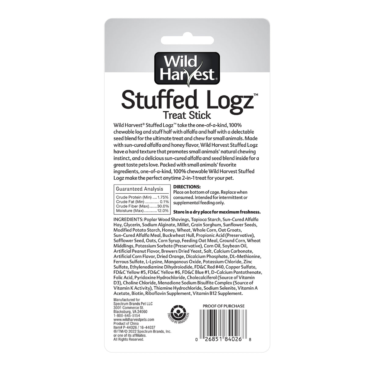 Wild Harvest Stuffed Logz Edible Small Animal Treat- Alfalfa & Gourmet Seed Blend Flavor 1.9 oz