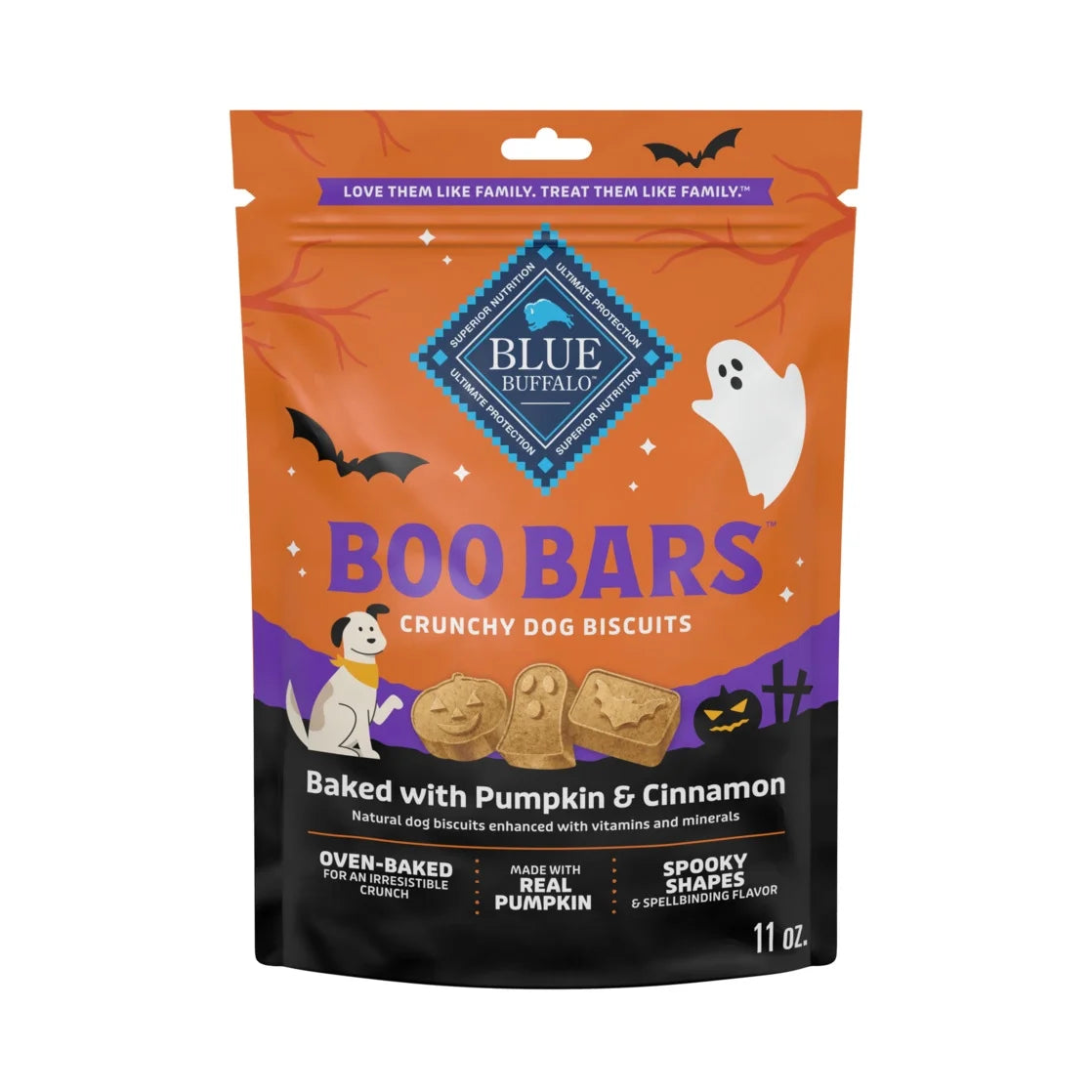 Blue Buffalo Halloween Boo Bars Pumpkin & Cinnamon Crunchy Dog Treats 11 oz