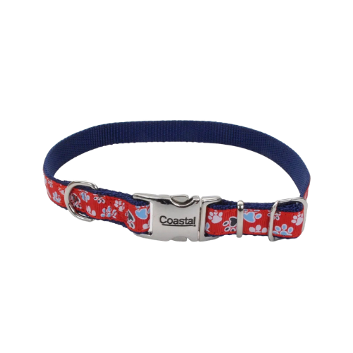 Coastal Pet Products Ribbon Adjustable Dog Collar with Metal Buckle- Red with Paws