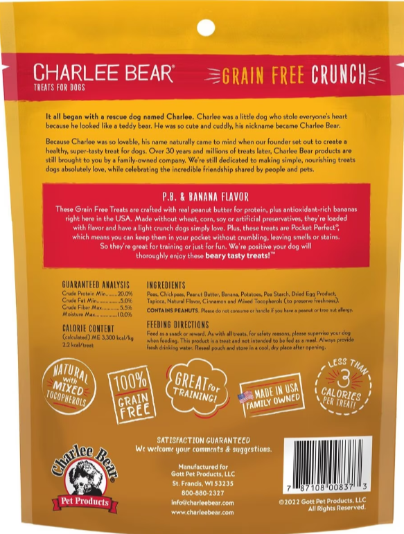 Charlee Bear Grain Free Crunch Peanut Butter & Banana Flavor Dog Treats 8 oz