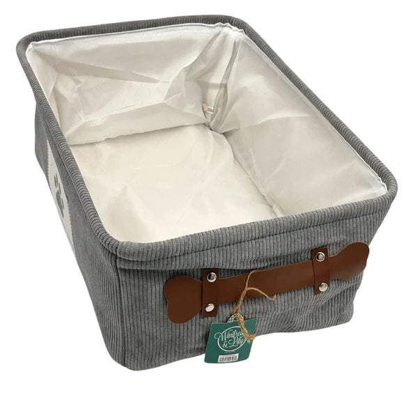 Kole Imports "EAT-PLAY-NAP" Grey Corduroy Rectangular Pet Storage Bin