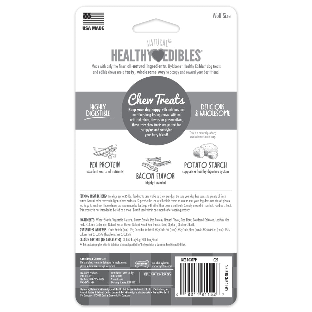 Nylabone Healthy Edibles All-Natural Long Lasting Bacon Flavor Chew Dog Treats, Twin Pack