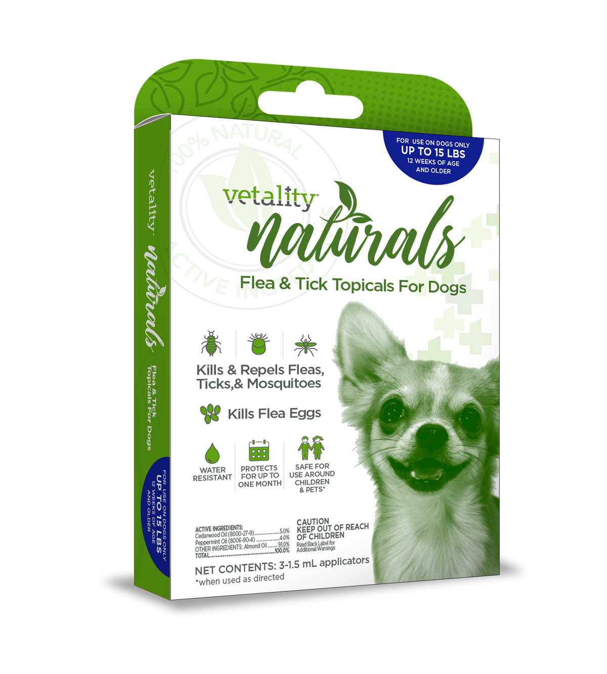 Vetality Naturals Flea & Tick Topicals for Dogs, Kills & Repels Fleas, Ticks & Mosquitoes- 3 pack