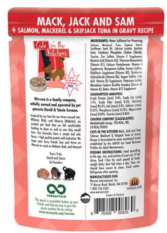 Weruva Cats In The Kitchen Mack, Jack, And Sam With Salmon, Mackerel, & Skipjack Tuna In Gravy Grain-Free Wet Cat Food