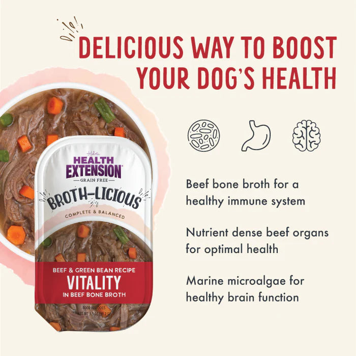 Health Extension Broth-Licious Beef & Green Bean Recipe Vitality in Beef Bone Broth Dog Food