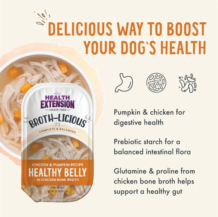 Health Extension Broth-Licious Chicken & Pumpkin Recipe Healthy Belly in Chicken Bone Broth Dog Food