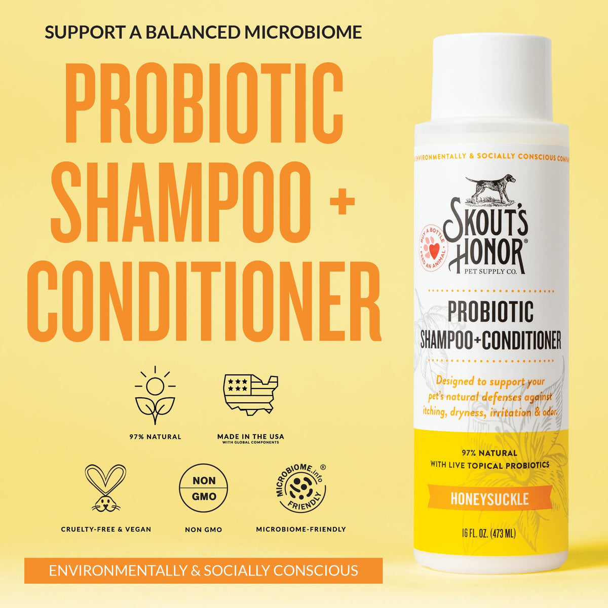 Skout's Honor Probiotic Shampoo + Conditioner Honeysuckle Scented for Dogs & Cats 16 oz