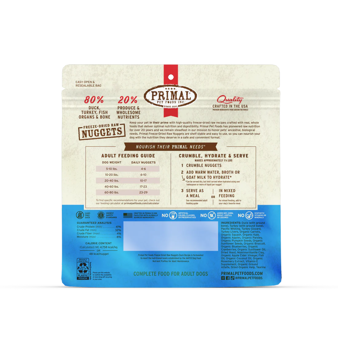 Primal Freeze-Dried Raw Nuggets Duck Recipe Dog Food 14 oz