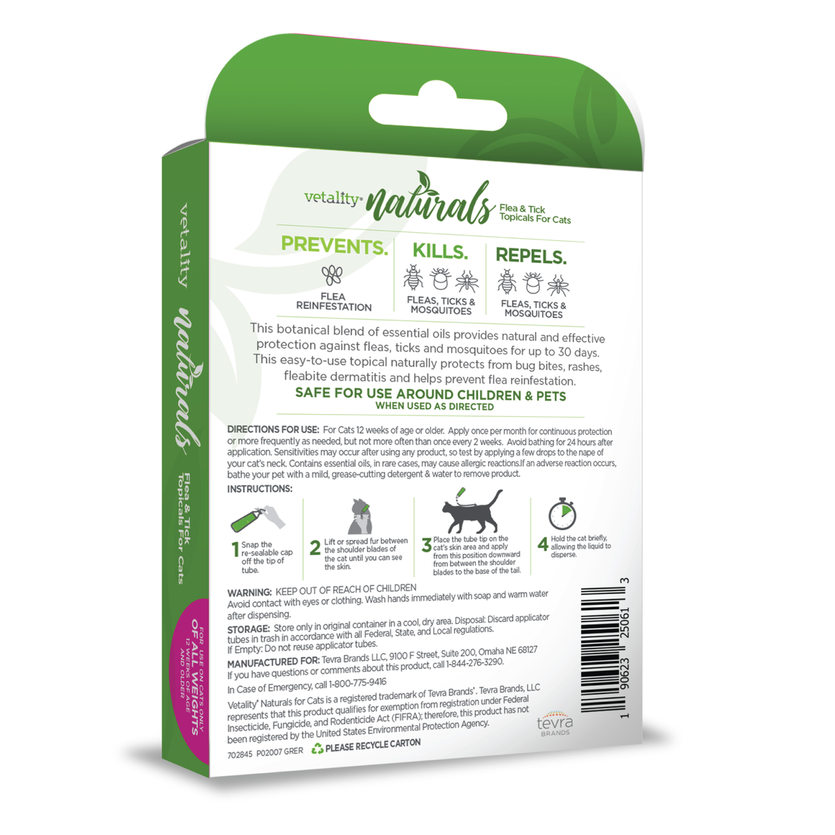 Vetality Naturals Flea & Tick Topicals for Cats, Kills & Repels Fleas, Ticks & Mosquitoes- 3 pack