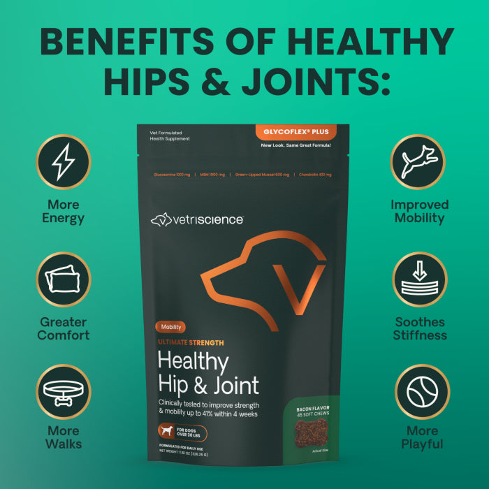 Vetriscience Ultimate Strength Healthy Hip & Joint Mobility Bacon Flavored Soft Chews for Dogs 30lb + 45 ct