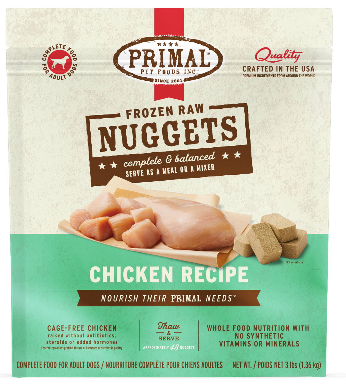 Primal Raw Frozen Nuggets Chicken Formula Dog Food 3 lb